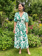 Candlia | Puff Sleeve V Neck Abstract Print Midi Dress