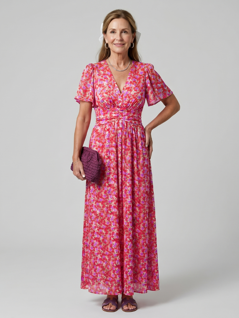 Juna | Short Sleeve Ditsy Floral Print Midi Dress