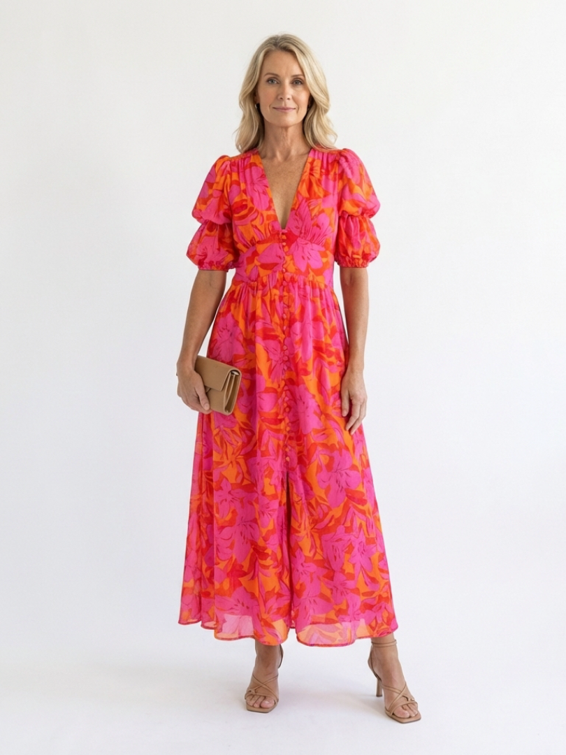 Marlowe & June™ | Floral V Neck Puff Sleeve Midi Dress
