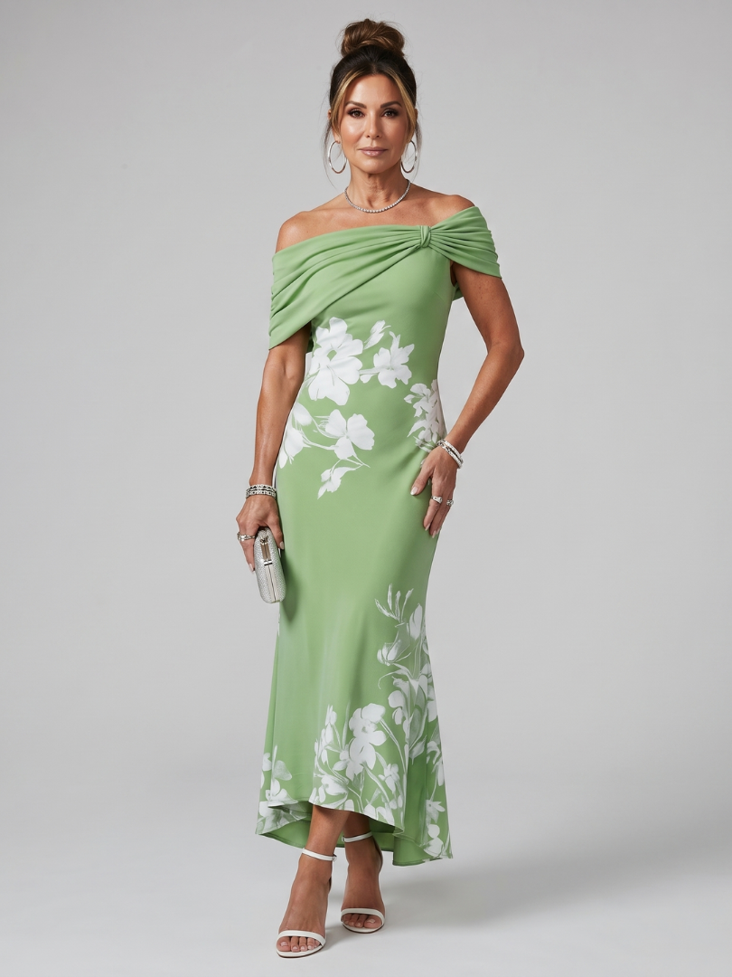 Cosma | Off Shoulder Draped Neckline Midi Dress