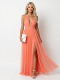 Tia | Deep V Strap Pleated Maxi Dress