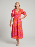 Zarelle | Puff Sleeve V Neck Bold Floral Print Midi Dress
