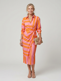 Leya | Long Sleeve Collared Wrap Stripe Pattern Midi Dress