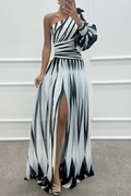 Marlowe & June™ | Elegant Striped Maxi Dress with One Shoulder