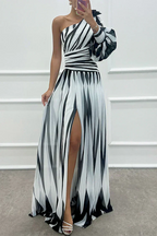 Marlowe & June™ | Elegant Striped Maxi Dress with One Shoulder