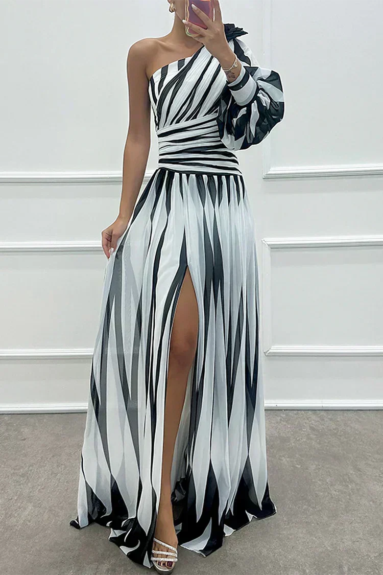 Marlowe & June™ | Elegant Striped Maxi Dress with One Shoulder