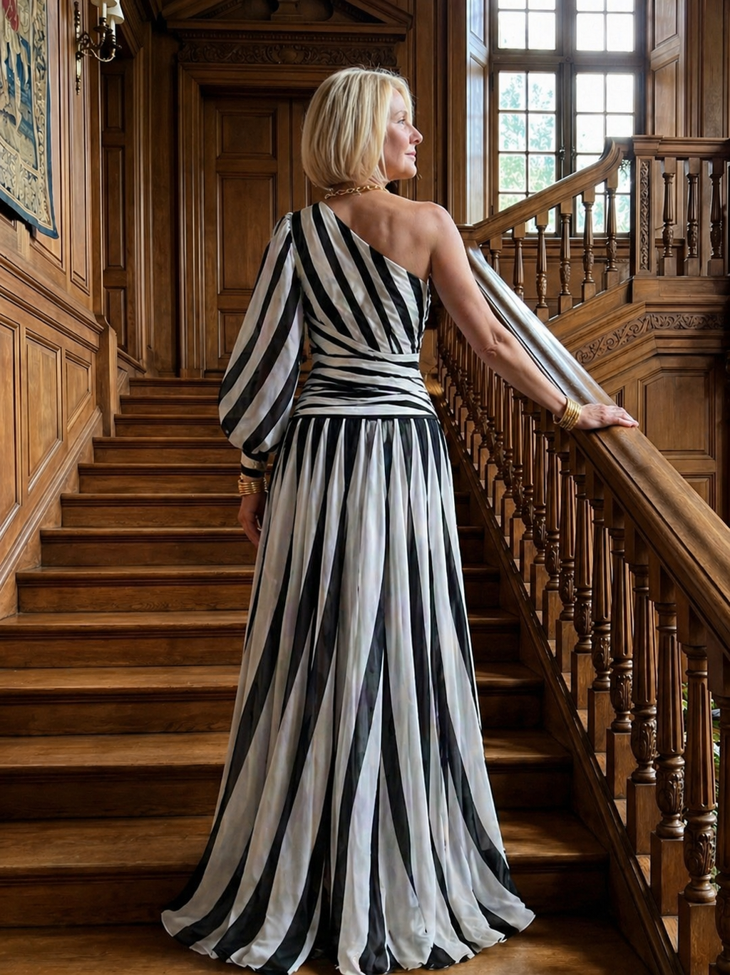Marlowe & June™ | Elegant Striped Maxi Dress with One Shoulder