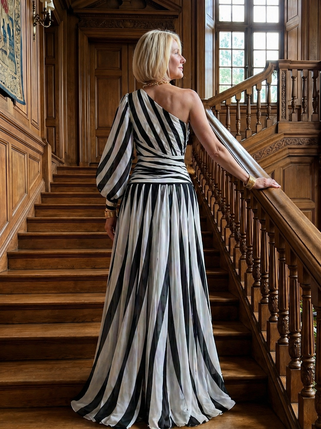 Marlowe & June™ | Elegant Striped Maxi Dress with One Shoulder