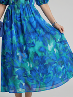 Candlia | Puff Sleeve V Neck Abstract Print Midi Dress