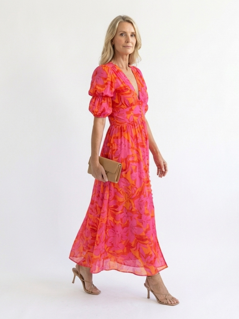 Marlowe & June™ | Floral V Neck Puff Sleeve Midi Dress