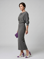 Romy | Draped Neckline Fitted Skirt Midi Dress