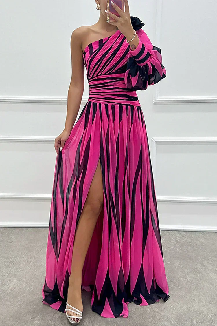 Marlowe & June™ | Elegant Striped Maxi Dress with One Shoulder