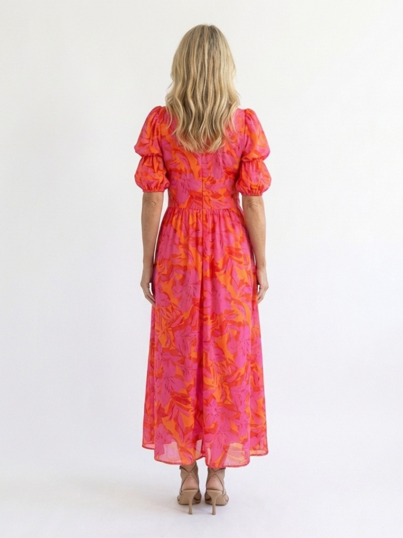 Marlowe & June™ | Floral V Neck Puff Sleeve Midi Dress