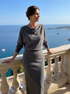 Romy | Draped Neckline Fitted Skirt Midi Dress