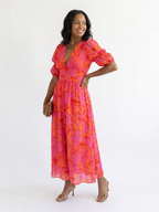 Marlowe & June™ | Floral V Neck Puff Sleeve Midi Dress