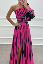 Marlowe & June™ | Elegant Striped Maxi Dress with One Shoulder