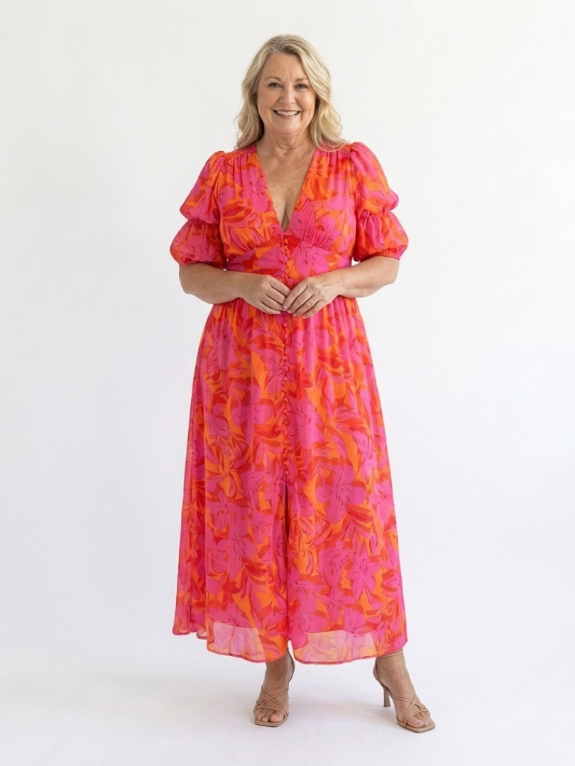 Marlowe & June™ | Floral V Neck Puff Sleeve Midi Dress