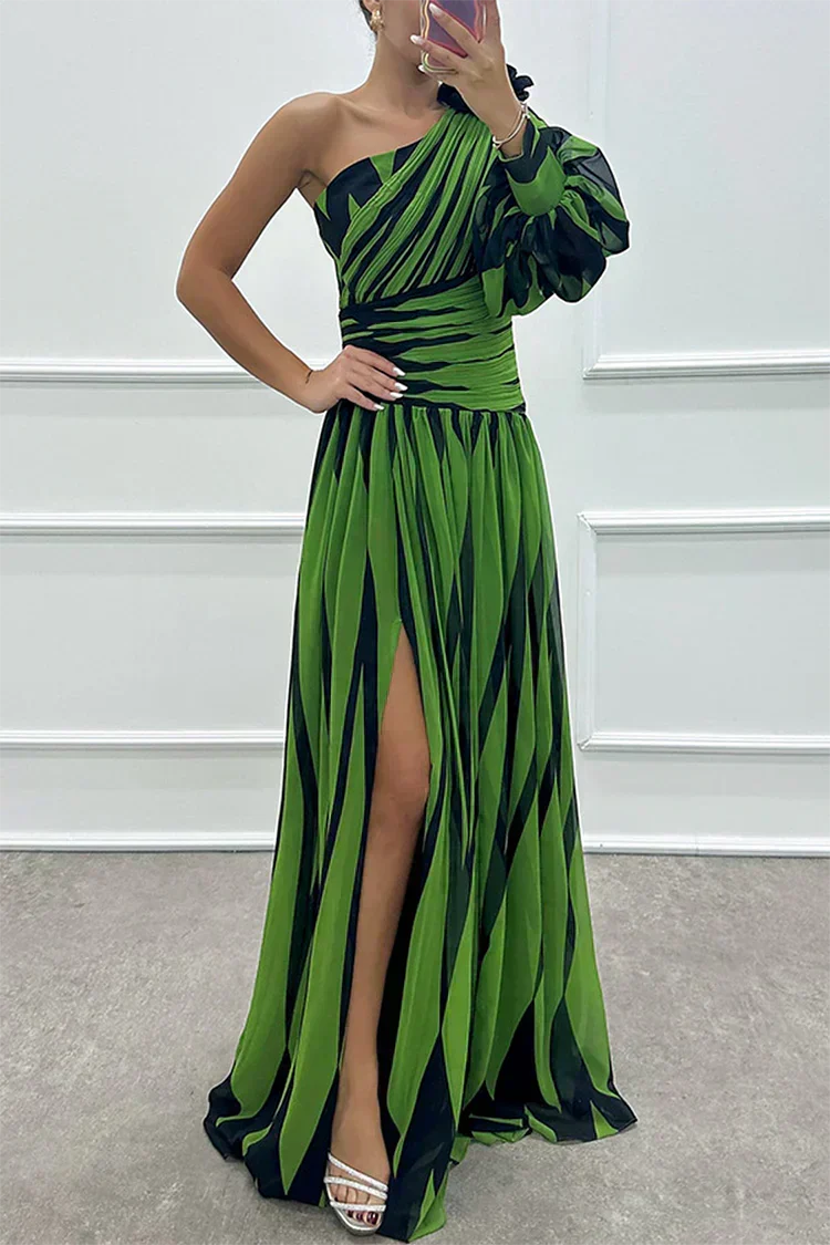 Marlowe & June™ | Elegant Striped Maxi Dress with One Shoulder
