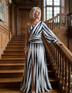 Marlowe & June™ | Elegant Striped Maxi Dress with One Shoulder