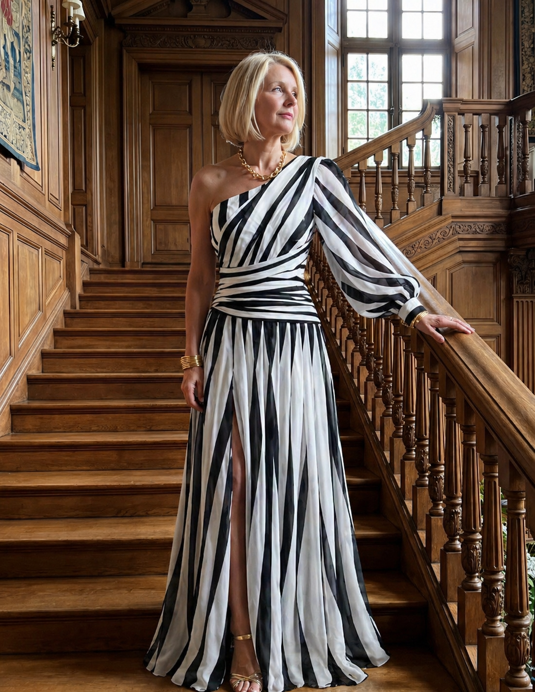 Marlowe & June™ | Elegant Striped Maxi Dress with One Shoulder