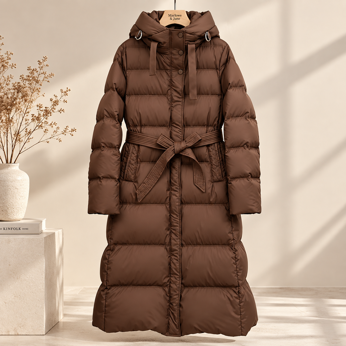 Marlowe & June™ | Elena Longline Belted Puffer Coat – Warm Hooded Winter Comfort