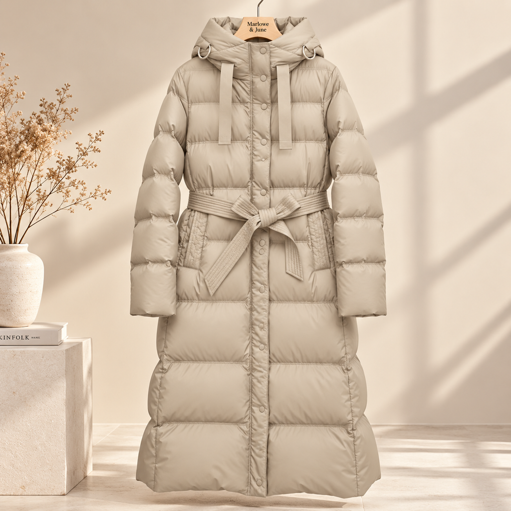 Marlowe & June™ | Elena Longline Belted Puffer Coat – Warm Hooded Winter Comfort
