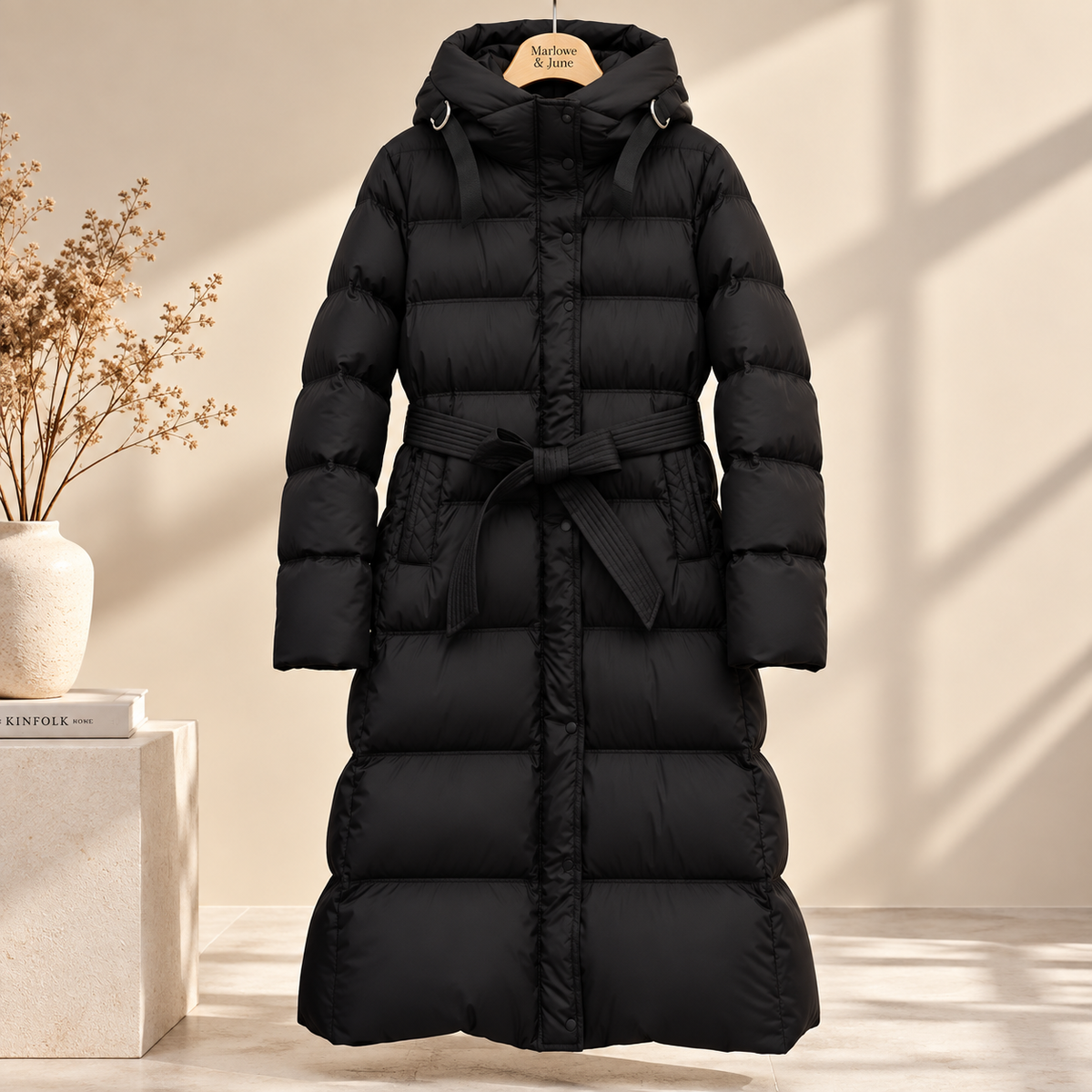 Marlowe & June™ | Elena Longline Belted Puffer Coat – Warm Hooded Winter Comfort
