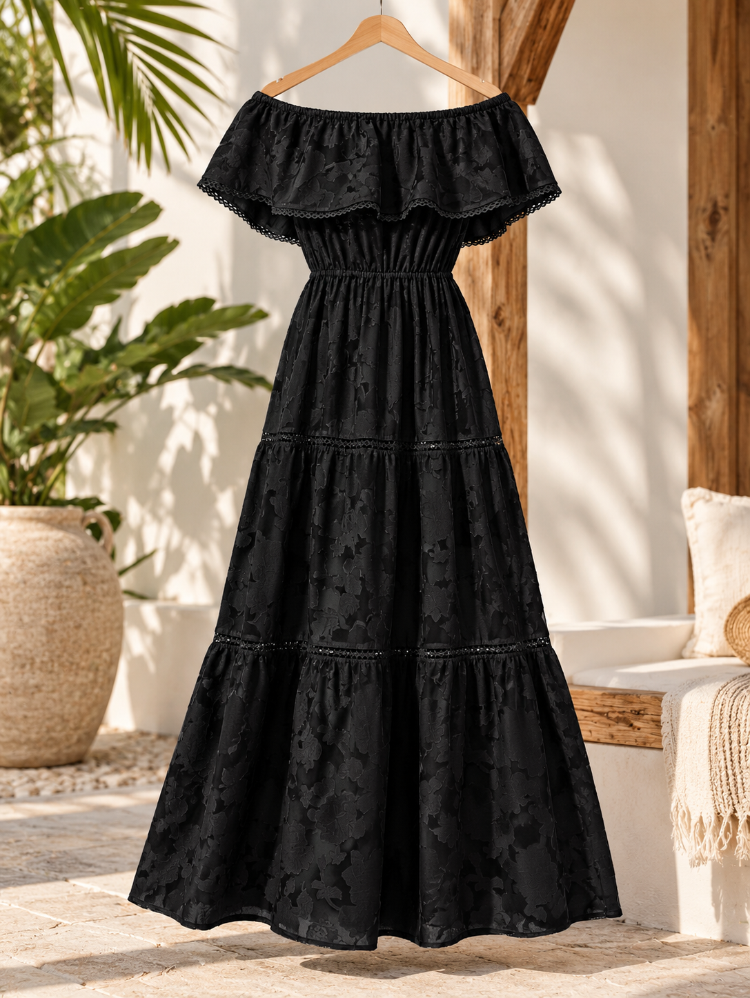 Marlowe & June™ | Sienna Off-Shoulder Tiered Maxi Dress – Flowy Summer Elegance