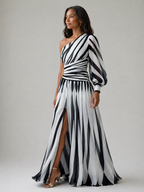 Marlowe & June™ | Elegant Striped Maxi Dress with One Shoulder