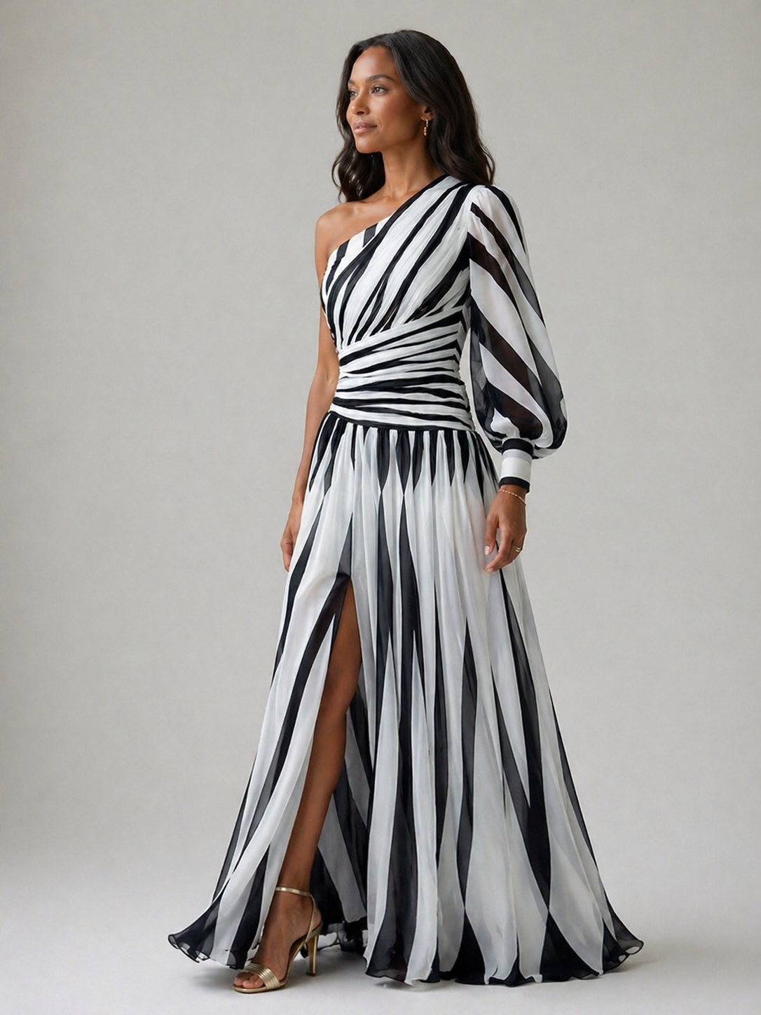 Marlowe & June™ | Elegant Striped Maxi Dress with One Shoulder