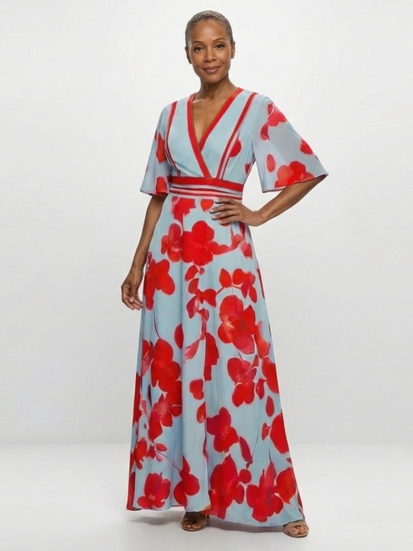 Marlowe & June™ | V Neck Short Sleeve Floral Maxi Dress
