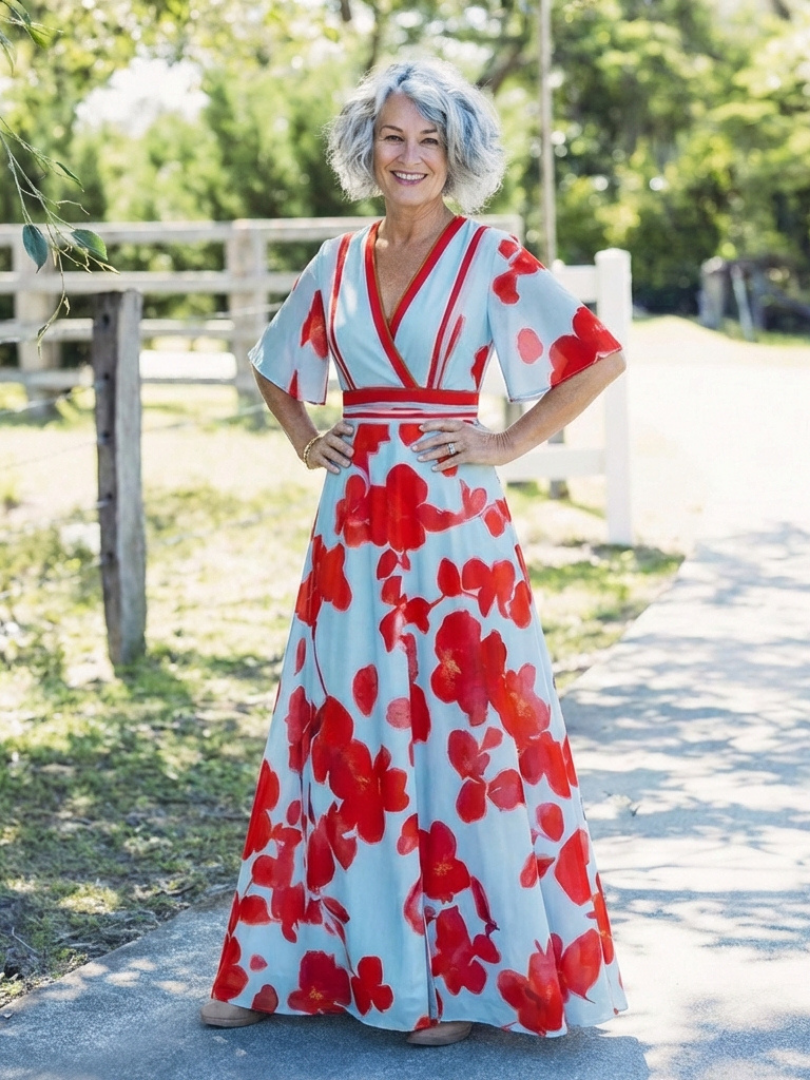 Marlowe & June™ | V Neck Short Sleeve Floral Maxi Dress