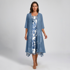 ADELINE | Floral Midi Dress and Sheer Duster Two Piece Layered Elegant Set