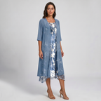 ADELINE | Floral Midi Dress and Sheer Duster Two Piece Layered Elegant Set