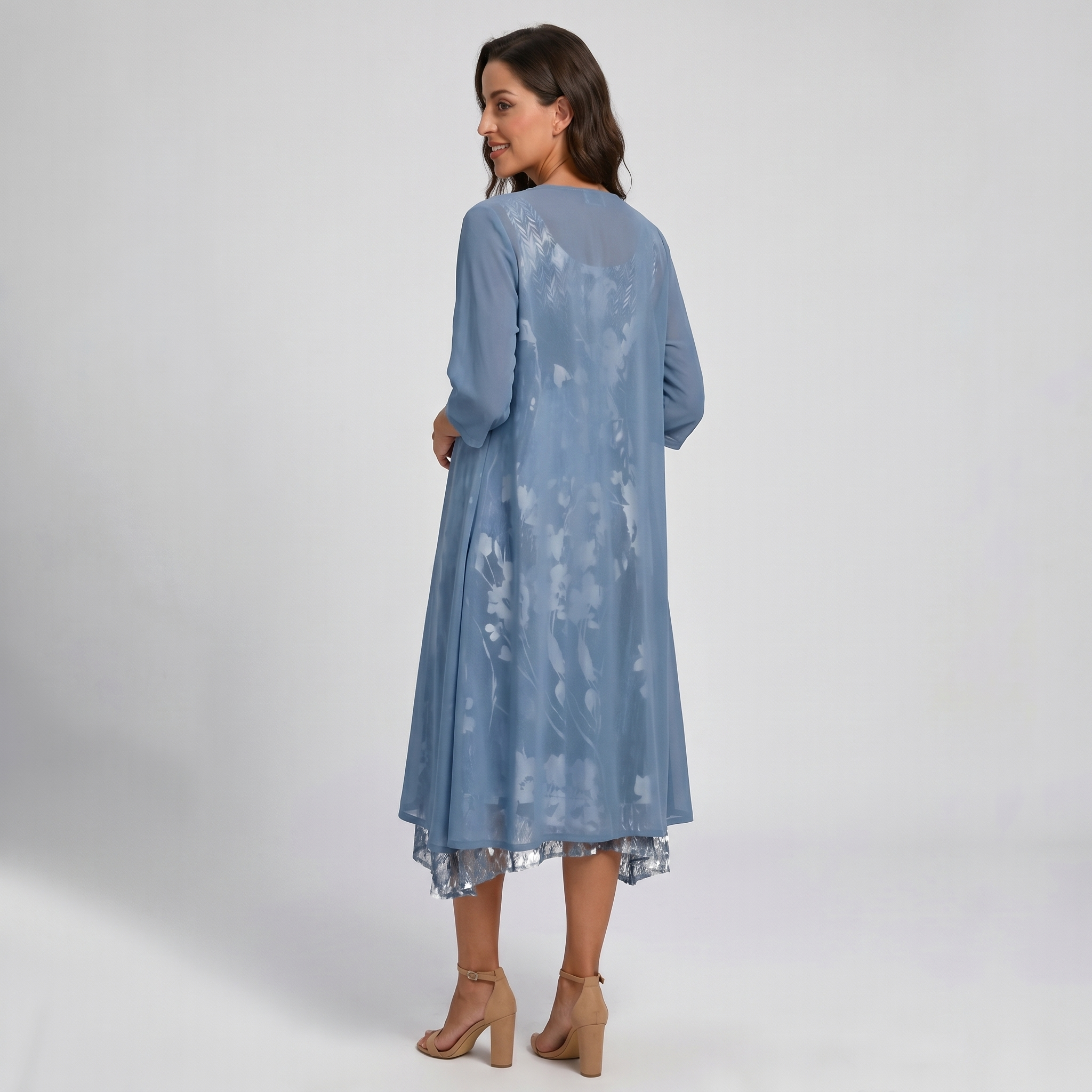 ADELINE | Floral Midi Dress and Sheer Duster Two Piece Layered Elegant Set